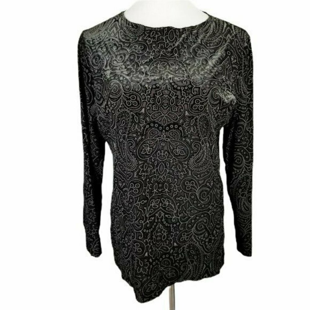 Dialogue Tan Dotted Textured Semi Sheer Paisley‎ Blouse Women's Medium Black